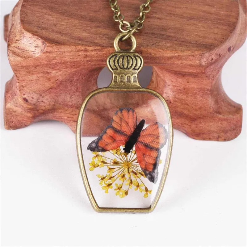 Yellow Gypsophila & Orange Butterfly Vase Pendant Necklace made by Zulily