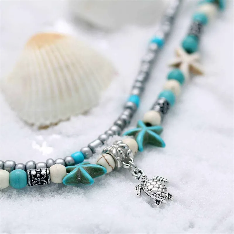 Turquoise & Silvertone Sea Turtle Layered Anklet made by Zulily