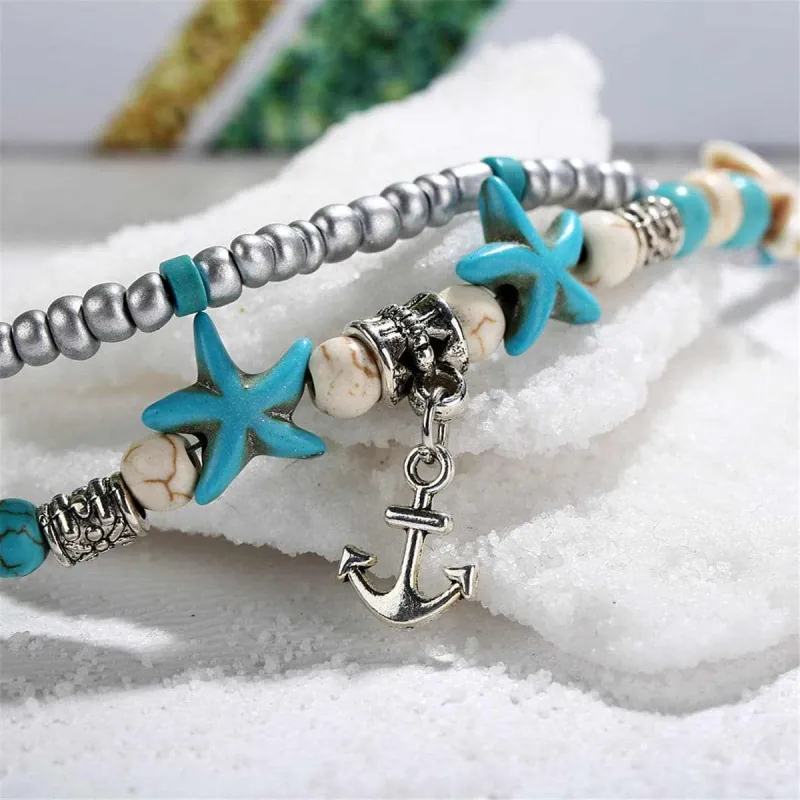Turquoise & Silvertone Beaded Anchor Layered Anklet made by Zulily