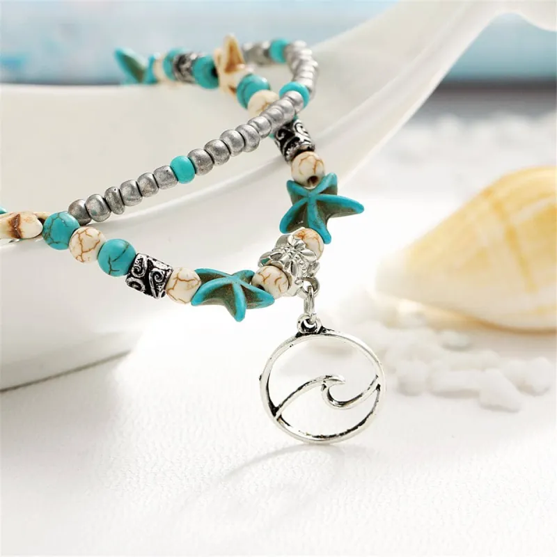 Turquoise & Silvertone Beaded Wave Layered Anklet made by Zulily