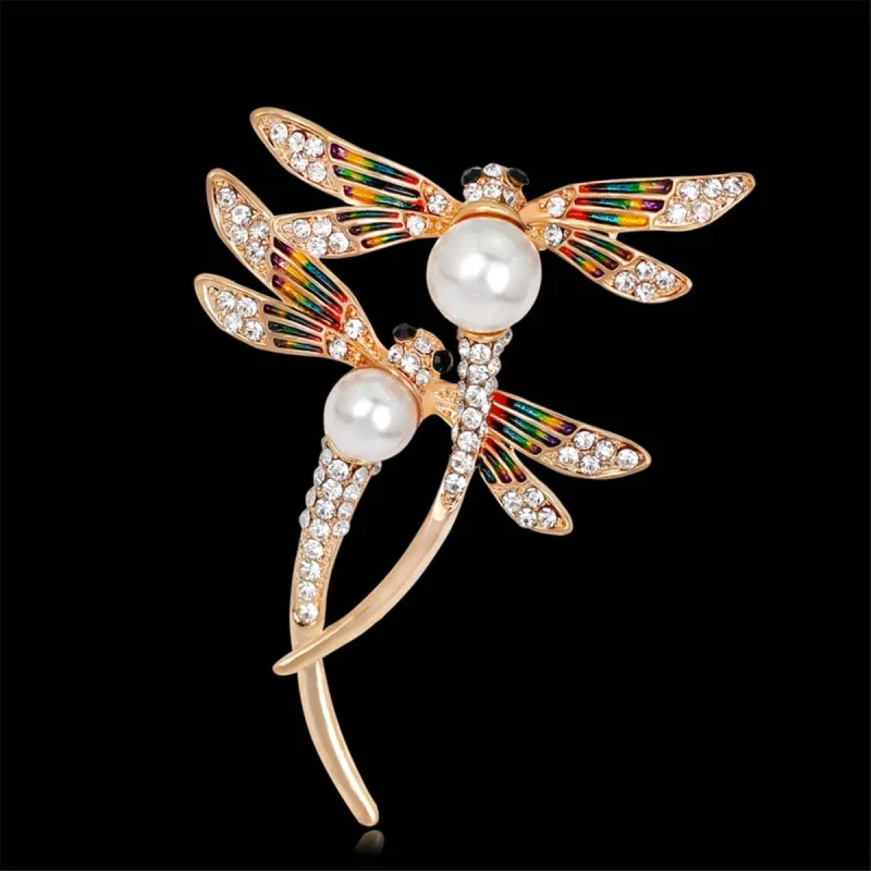 Pearl & Cubic Zirconia Enamel Goldtone Double-Dragonfly Brooch made by Zulily