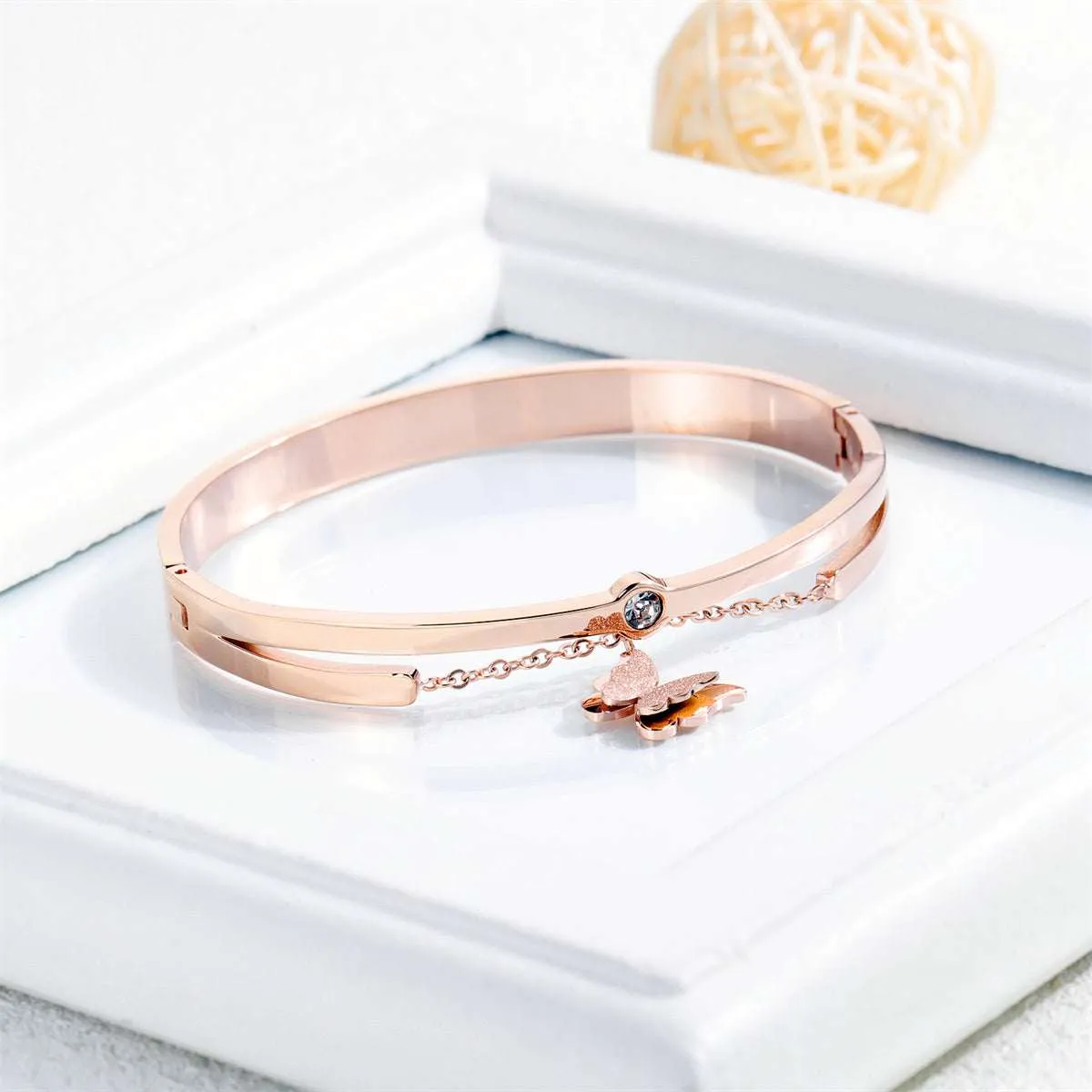 Cubic Zirconia & Rose Goldtone Frosted Butterfly Bangle sold by Zulily product image thumbnail 3