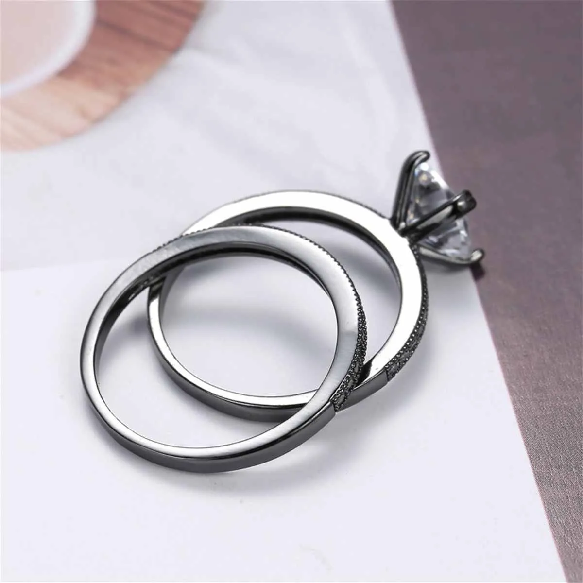 Cubic Zirconia & Black-Plated Cushion-Cut Ring Set sold by Zulily product image thumbnail 4