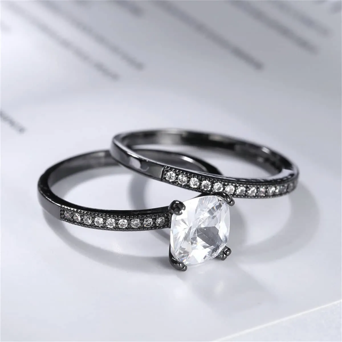 Cubic Zirconia & Black-Plated Cushion-Cut Ring Set sold by Zulily