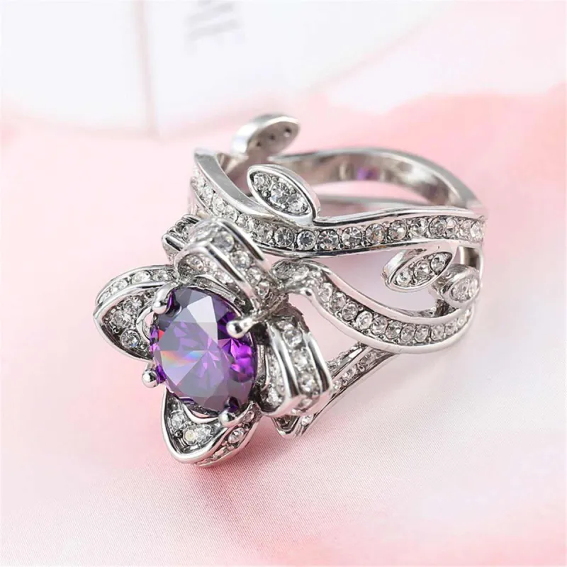 Purple Crystal & Cubic Zirconia Flower Ring Set made by Zulily