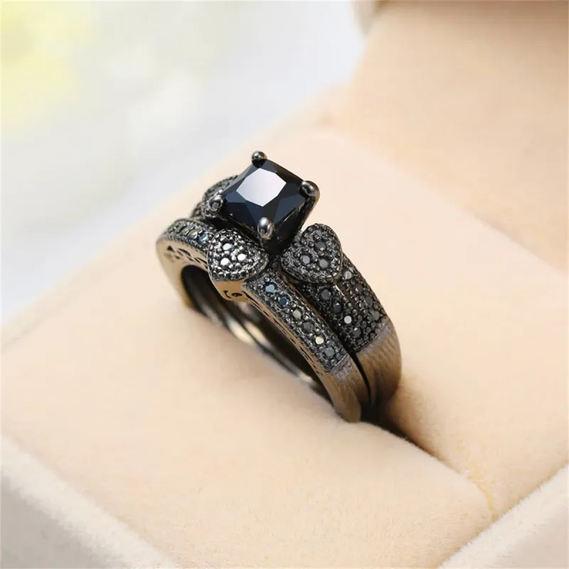 Black Crystal & Black Cubic Zirconia Heart Princess-Cut Ring & Pavé Band made by Zulily