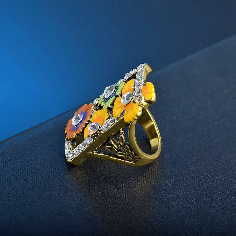 Cubic Zirconia & Enamel Goldtone Floral Rectangle Ring made by Zulily