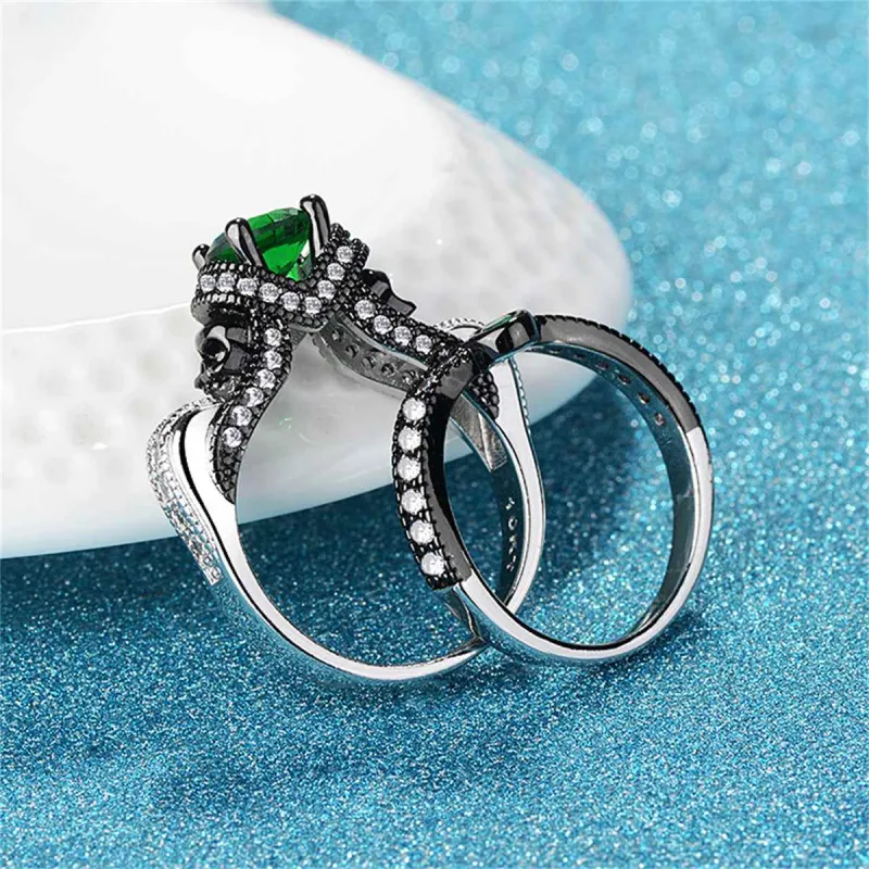 Green Crystal & Cubic Zirconia Two-Tone Skull Ring Set made by Zulily