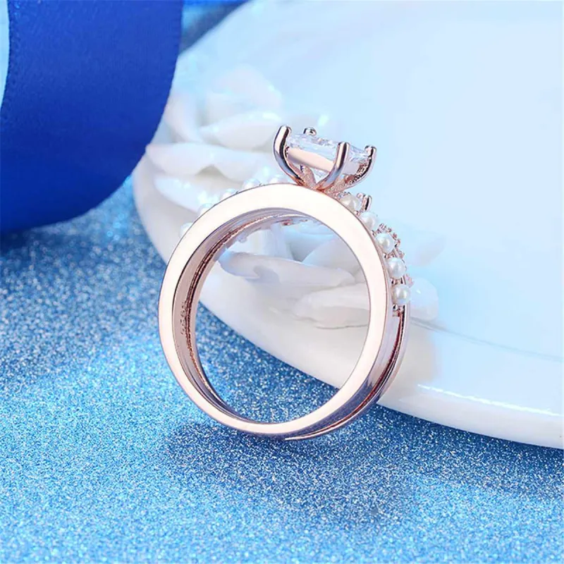 Crystal & Pearl Rose Goldtone Princess-Cut Ring & Band made by Zulily