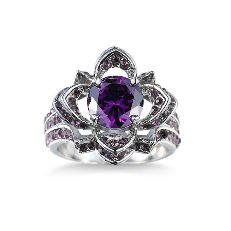 Purple Crystal & Purple Cubic Zirconia Floral Openwork Round Ring made by Zulily