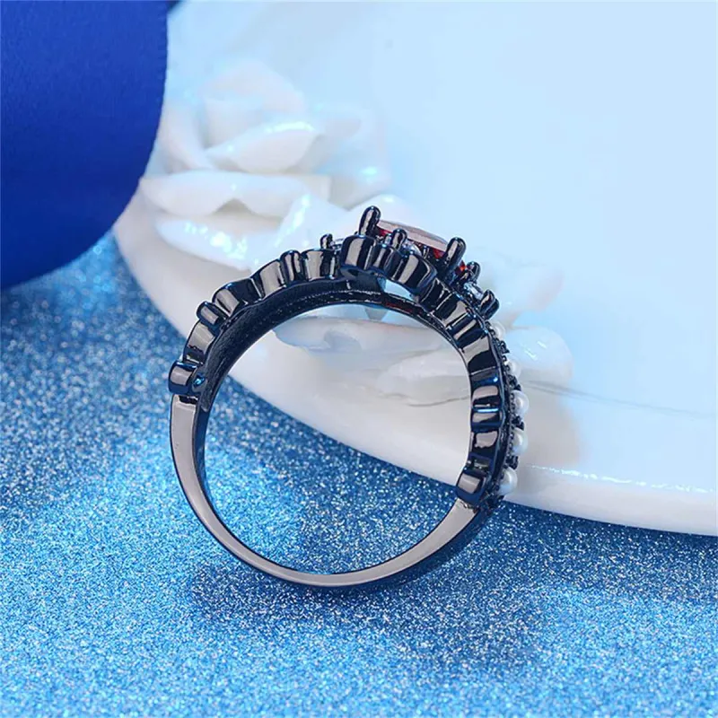 Red Crystal & Pearl Black-Tone Crown Ring Set made by Zulily