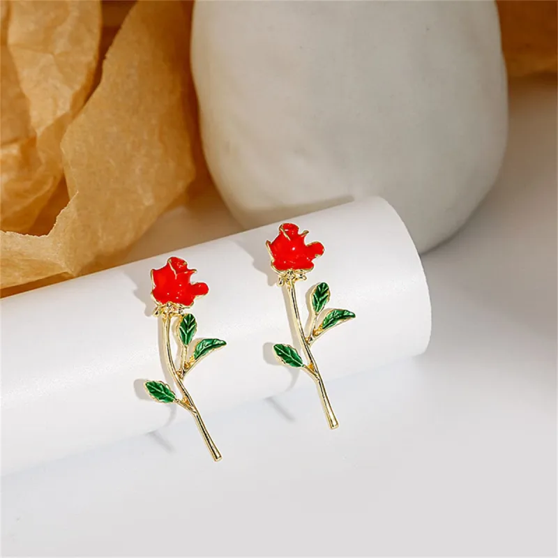Red Enamel & Goldtone Rose Drop Earrings made by Zulily