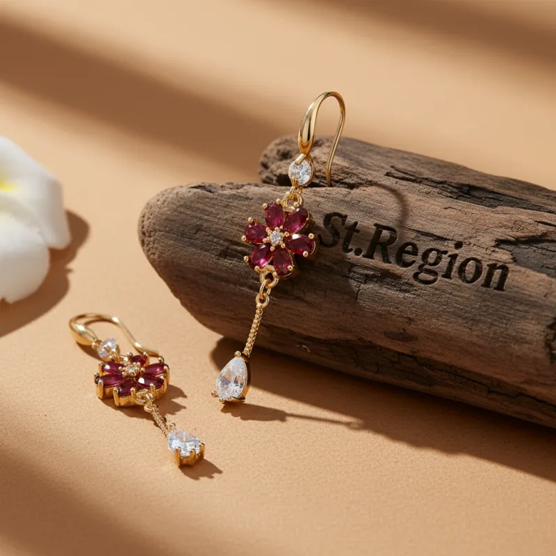 Red Crystal & Cubic Zirconia Goldtone Flower Drop Hook Earrings made by Zulily