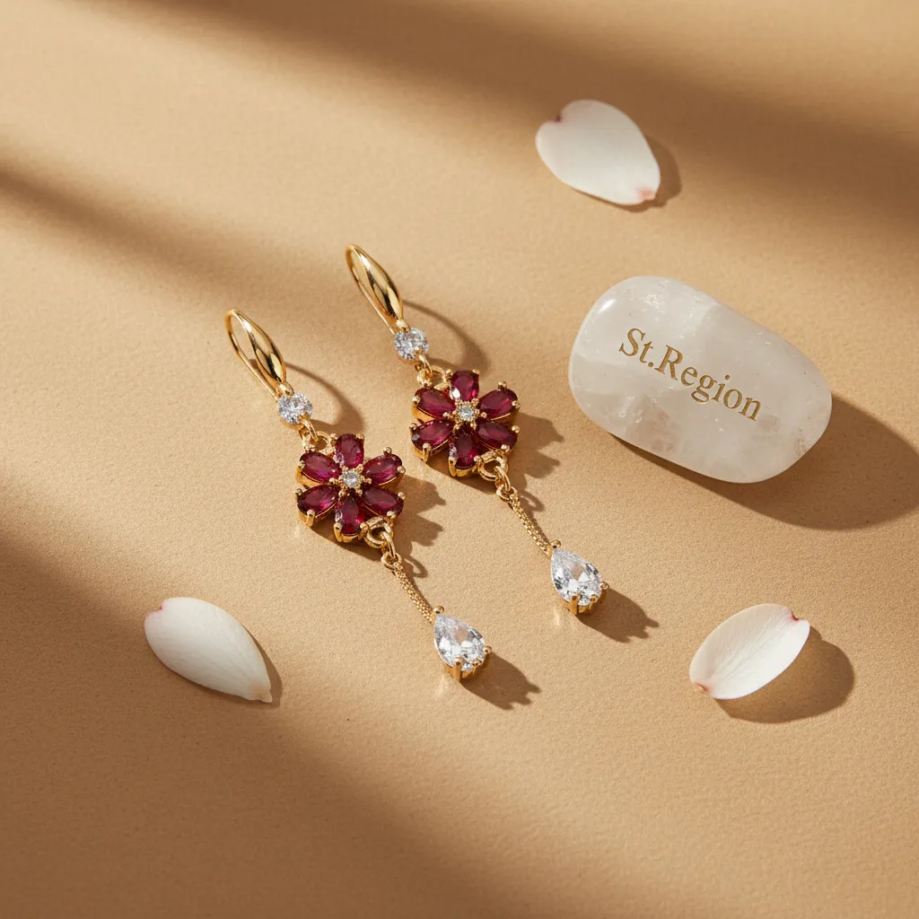 Red Crystal & Cubic Zirconia Goldtone Flower Drop Hook Earrings sold by Zulily product image thumbnail 3