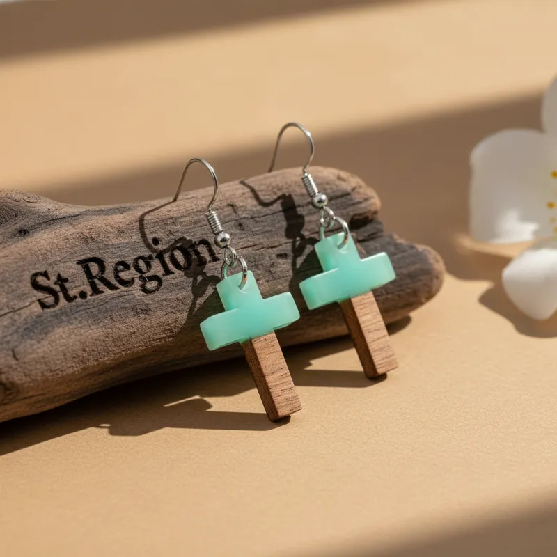 Green Resin & Wood Silvertone Cross Hook Earrings made by Zulily