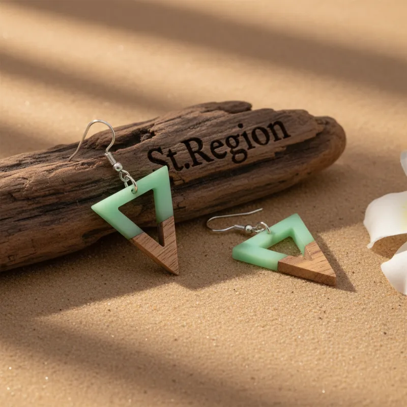 Green Resin & Wood Silvertone Open Triangle Hook Earrings made by Zulily