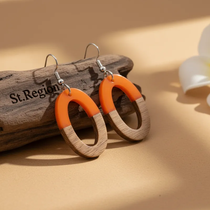 Orange Resin & Wood Silvertone Open Oval Hook Earrings made by Zulily