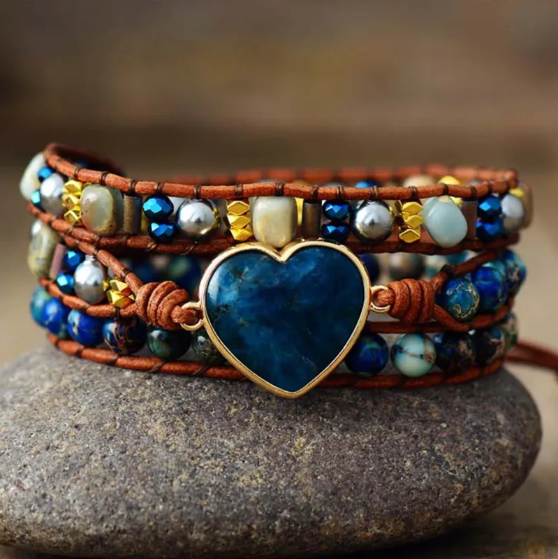 Blue Apatite Gemstone Heart Beaded Leather Wrap Bracelet made by Zulily