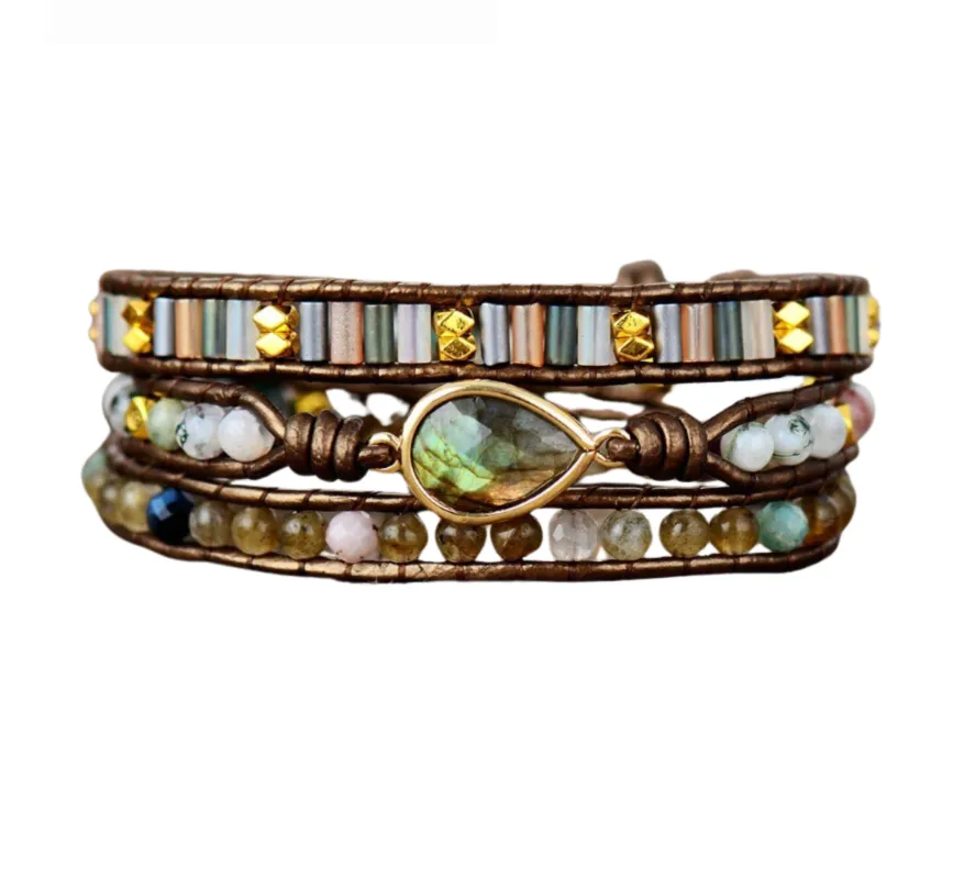 Earth Toned Labradorite Gemstone 3 Row Handmade Wrap Bracelet made by Zulily