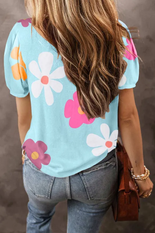 Macy Flower Print Bubble Sleeve Tee - Pink / M - 8/10 made by Threaded Pear