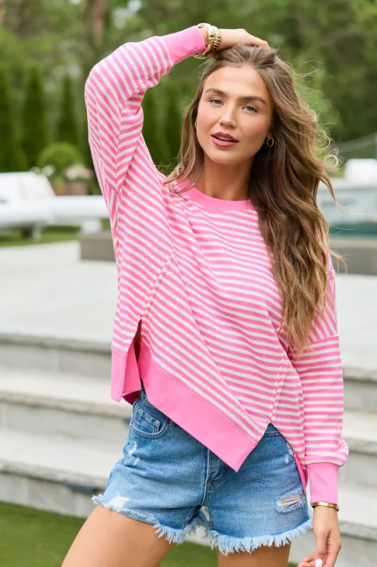 Kara Pink And White Stripe Waffle Pullover made by Pink Lily