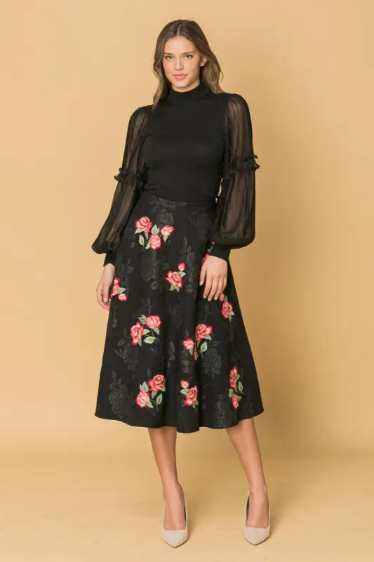 Rose Embroidery Midi Skirt made by Flying Tomato