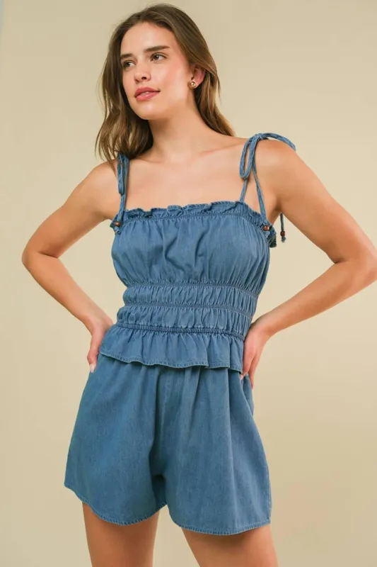 Thriving All Night Denim Romper made by Flying Tomato