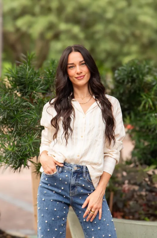 Kathryn Button-Up, Beige Stripes made by Zulily