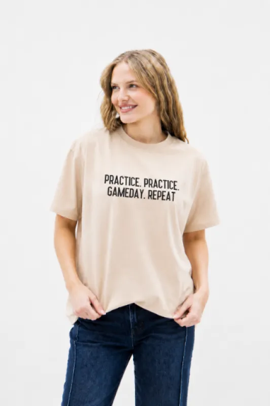 Practice. Practice. Game Day. Repeat on Beige Boxy Tee Blank made by Zulily