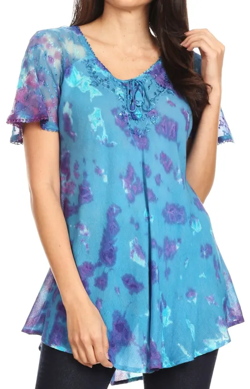 Sakkas Allegra Women's Short Sleeve Loose Fit Casual Tie Dye Blouse Tunic Shirt made by Zulily