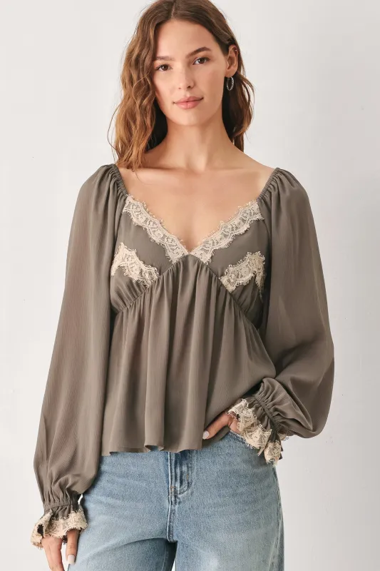 Greige Romantic Lace-trim Woven Top made by Flying Tomato