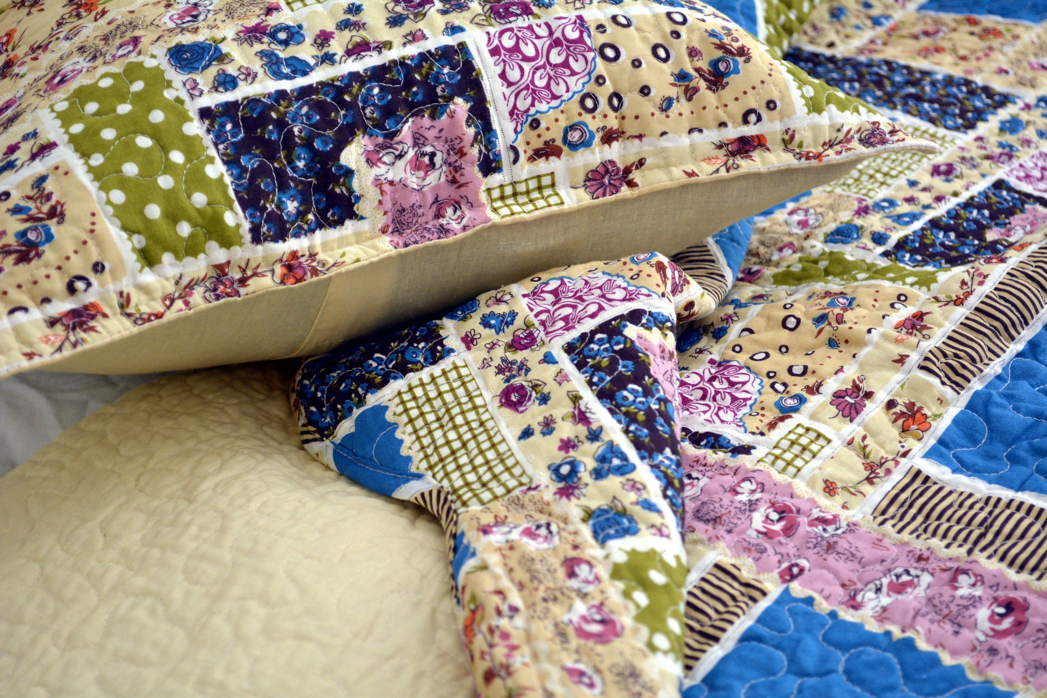 DaDa Bedding Cottage Blue Ivory Yellow Floral Scalloped Cotton Patchwork Quilted Bedspread Set (DXJ103269-1) sold by Zulily product image thumbnail 5