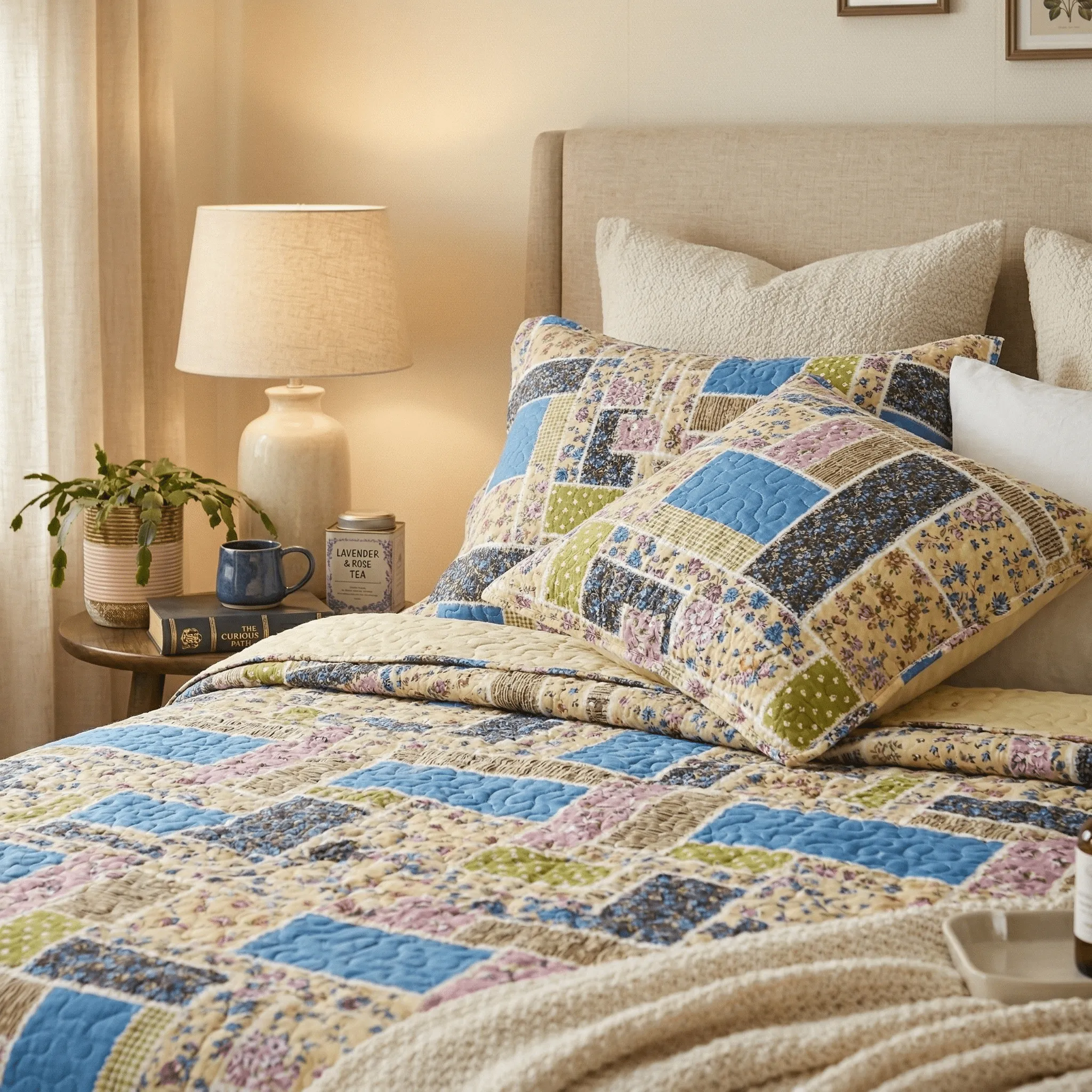 DaDa Bedding Cottage Blue Ivory Yellow Floral Scalloped Cotton Patchwork Quilted Bedspread Set (DXJ103269-1) sold by Zulily product image thumbnail 2