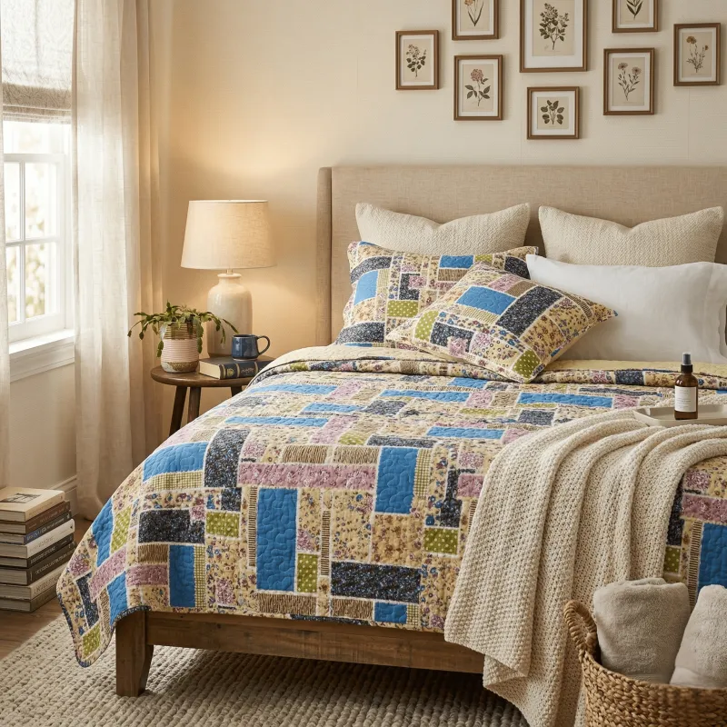 DaDa Bedding Cottage Blue Ivory Yellow Floral Scalloped Cotton Patchwork Quilted Bedspread Set (DXJ103269-1) made by Zulily
