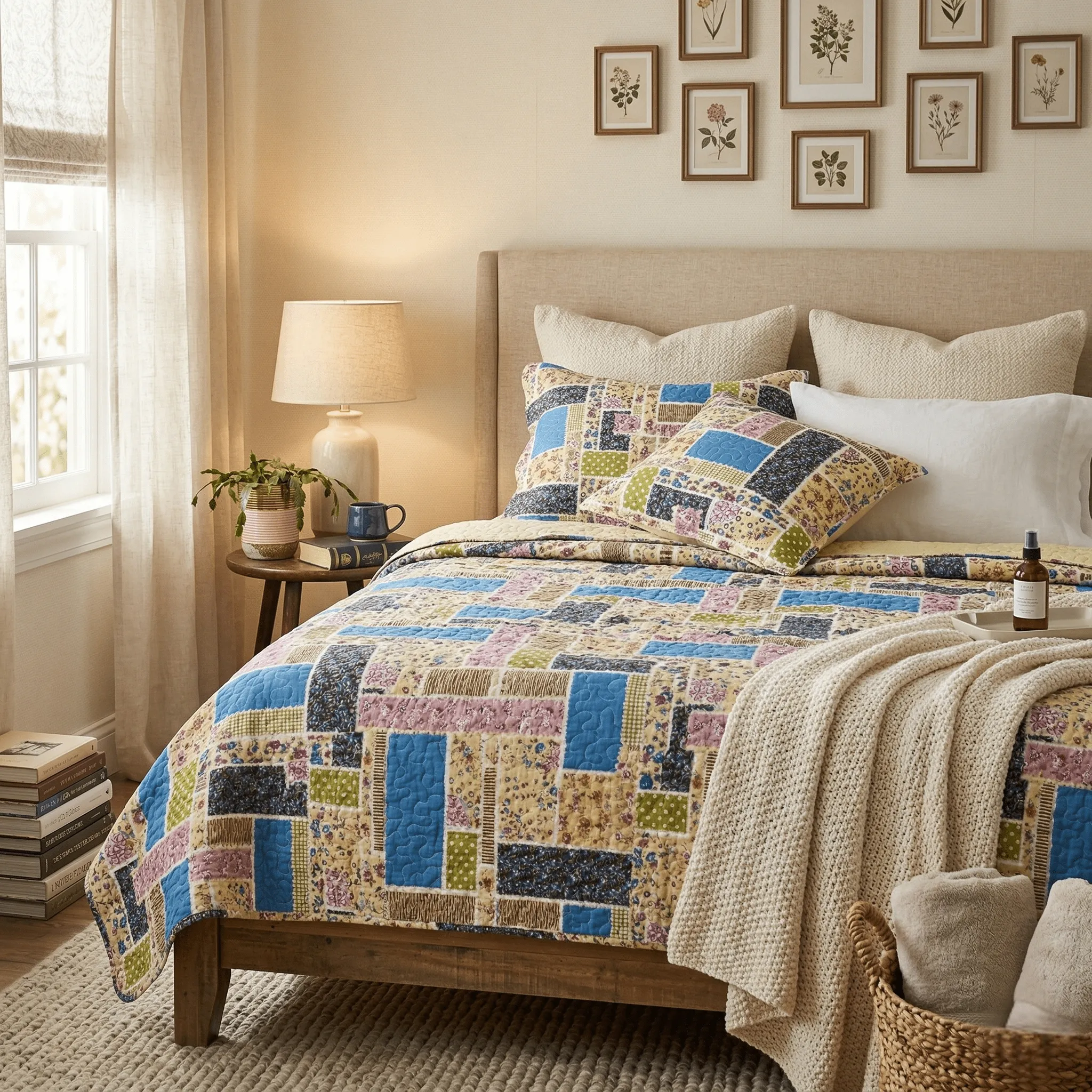 DaDa Bedding Cottage Blue Ivory Yellow Floral Scalloped Cotton Patchwork Quilted Bedspread Set (DXJ103269-1) sold by Zulily