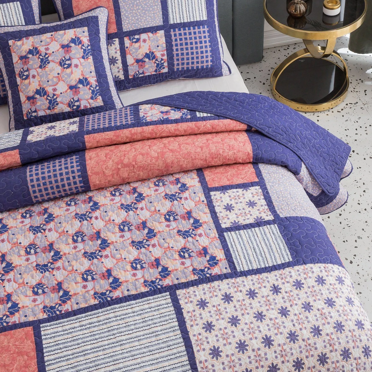 DaDa Bedding Peachy Pink Floral Blossoms Plum Purple Patchwork Quilted Bedspread Set - Designed in USA (JHW877) sold by Zulily product image thumbnail 4