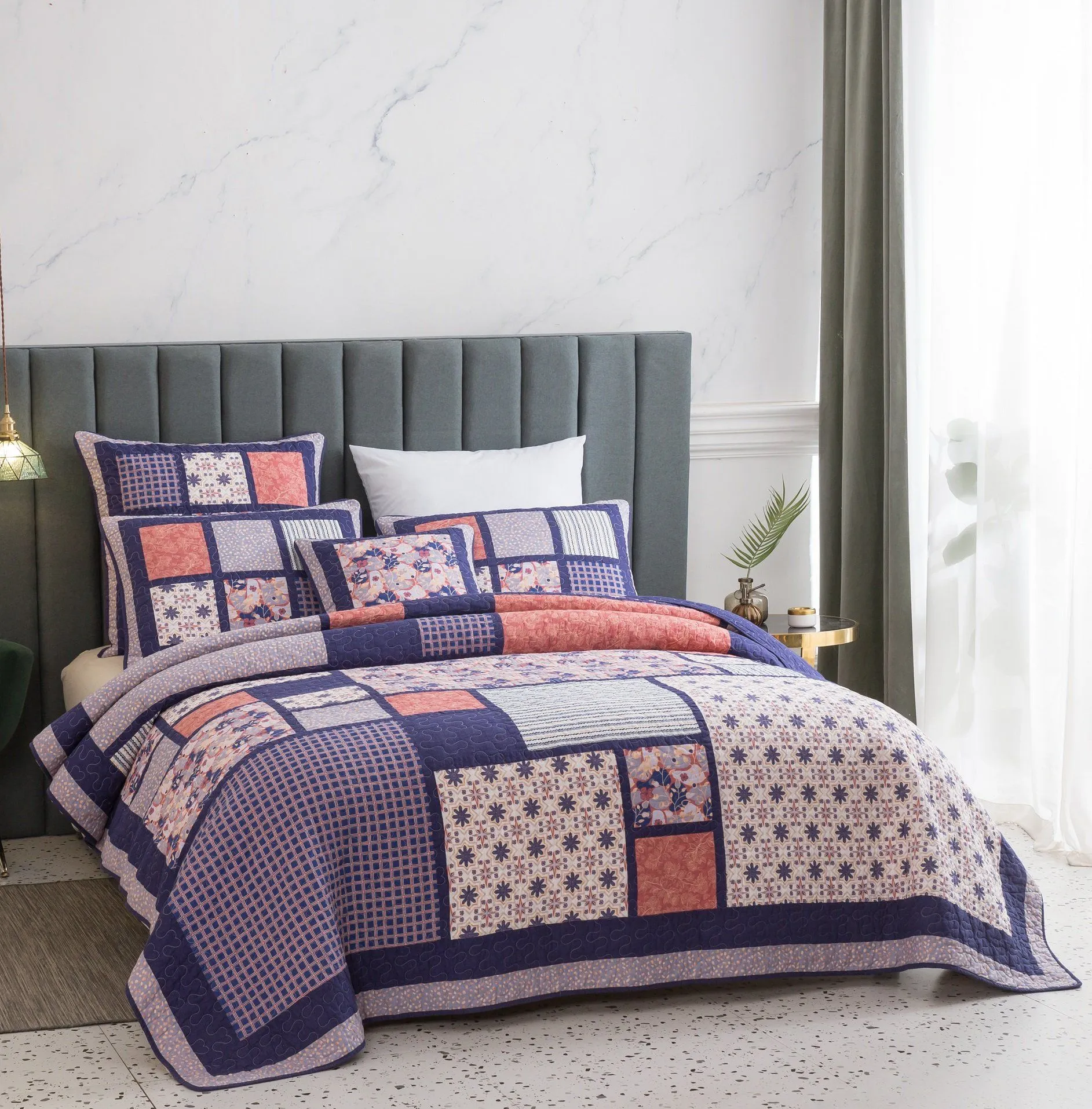 DaDa Bedding Peachy Pink Floral Blossoms Plum Purple Patchwork Quilted Bedspread Set - Designed in USA (JHW877) sold by Zulily product image thumbnail 3
