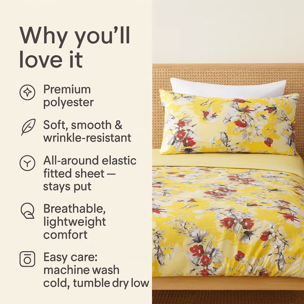 DaDa Bedding Sunshine Yellow Hummingbirds Floral Fitted & Flat Bed Sheets Set (JHW-925) sold by Zulily product image thumbnail 4