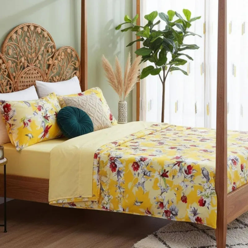 DaDa Bedding Sunshine Yellow Hummingbirds Floral Fitted & Flat Bed Sheets Set (JHW-925) made by Zulily