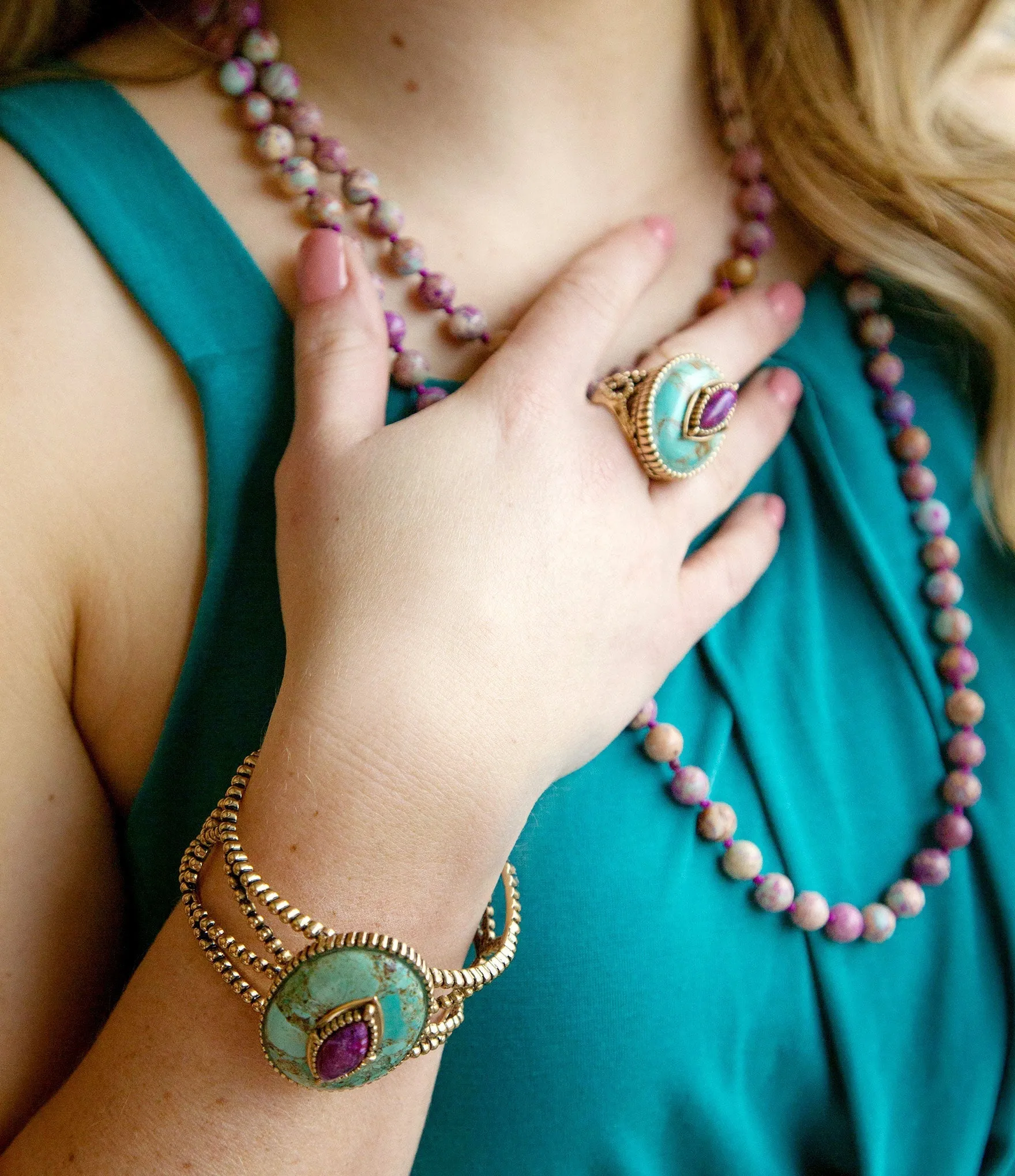 Stacked Stone Blue and Purple Turquoise Golden Ring sold by Zulily product image thumbnail 2