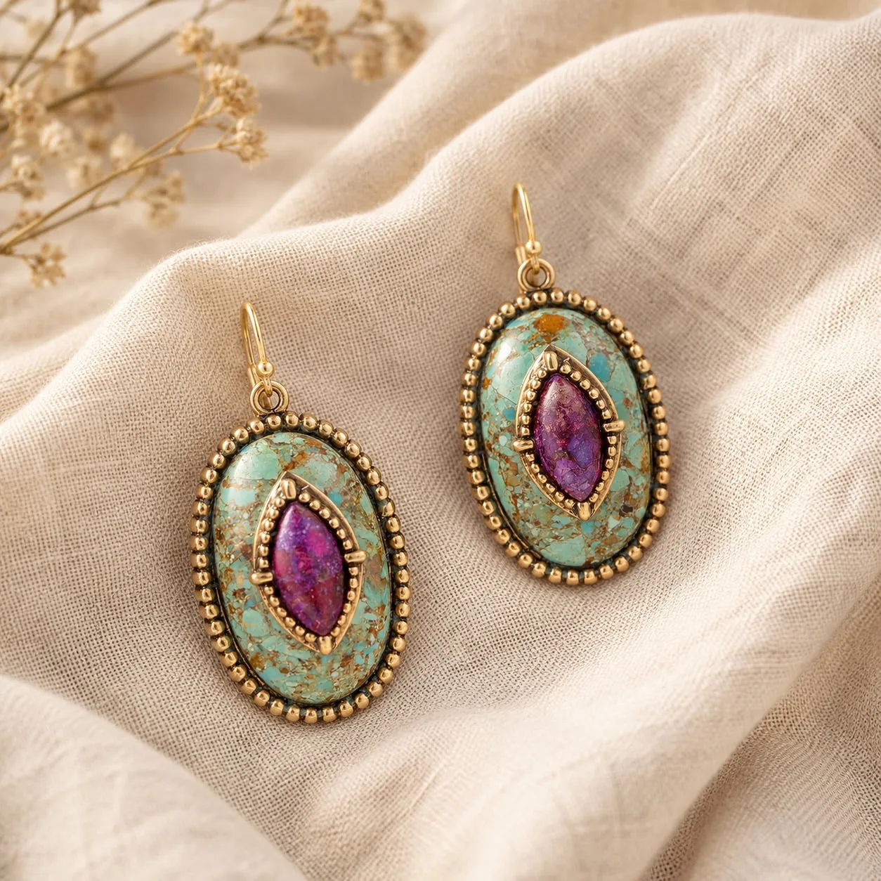 Stacked Stone Blue and Purple Turquoise Golden Drop Earrings sold by Zulily product image thumbnail 3