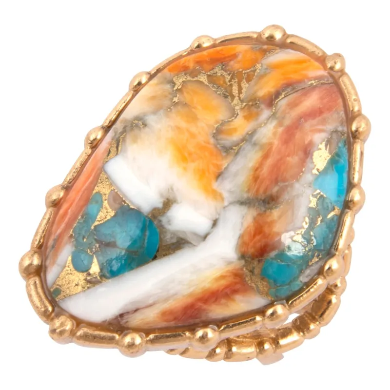 Modern Edge Turquoise and Spiny Oyster Shell Matrix Stone Golden Ring made by Zulily