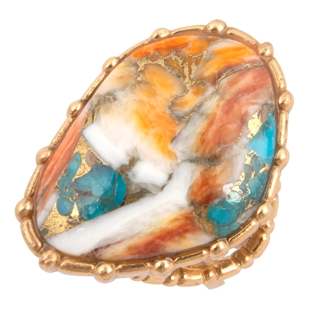 Modern Edge Turquoise and Spiny Oyster Shell Matrix Stone Golden Ring sold by Zulily
