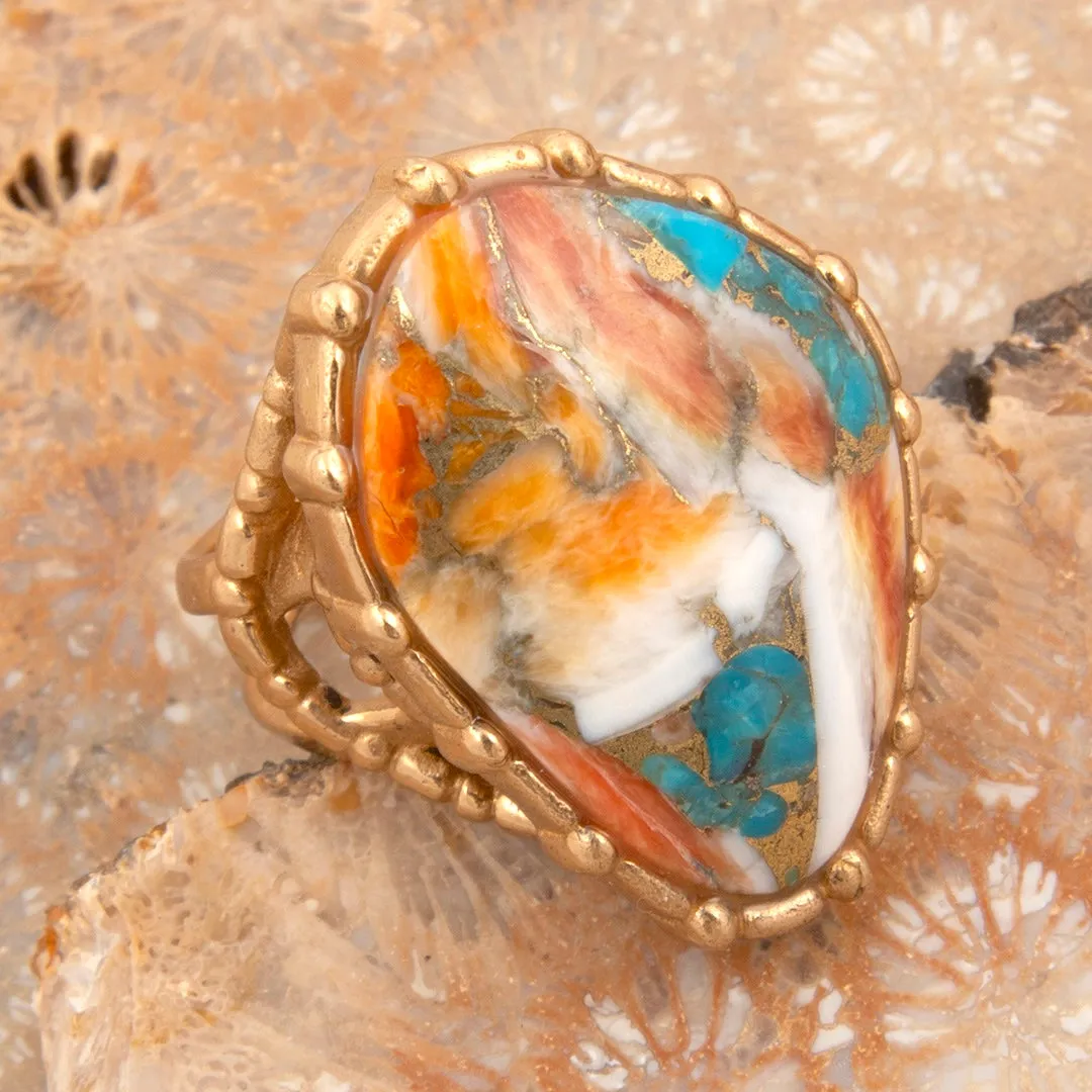 Modern Edge Turquoise and Spiny Oyster Shell Matrix Stone Golden Ring sold by Zulily product image thumbnail 2