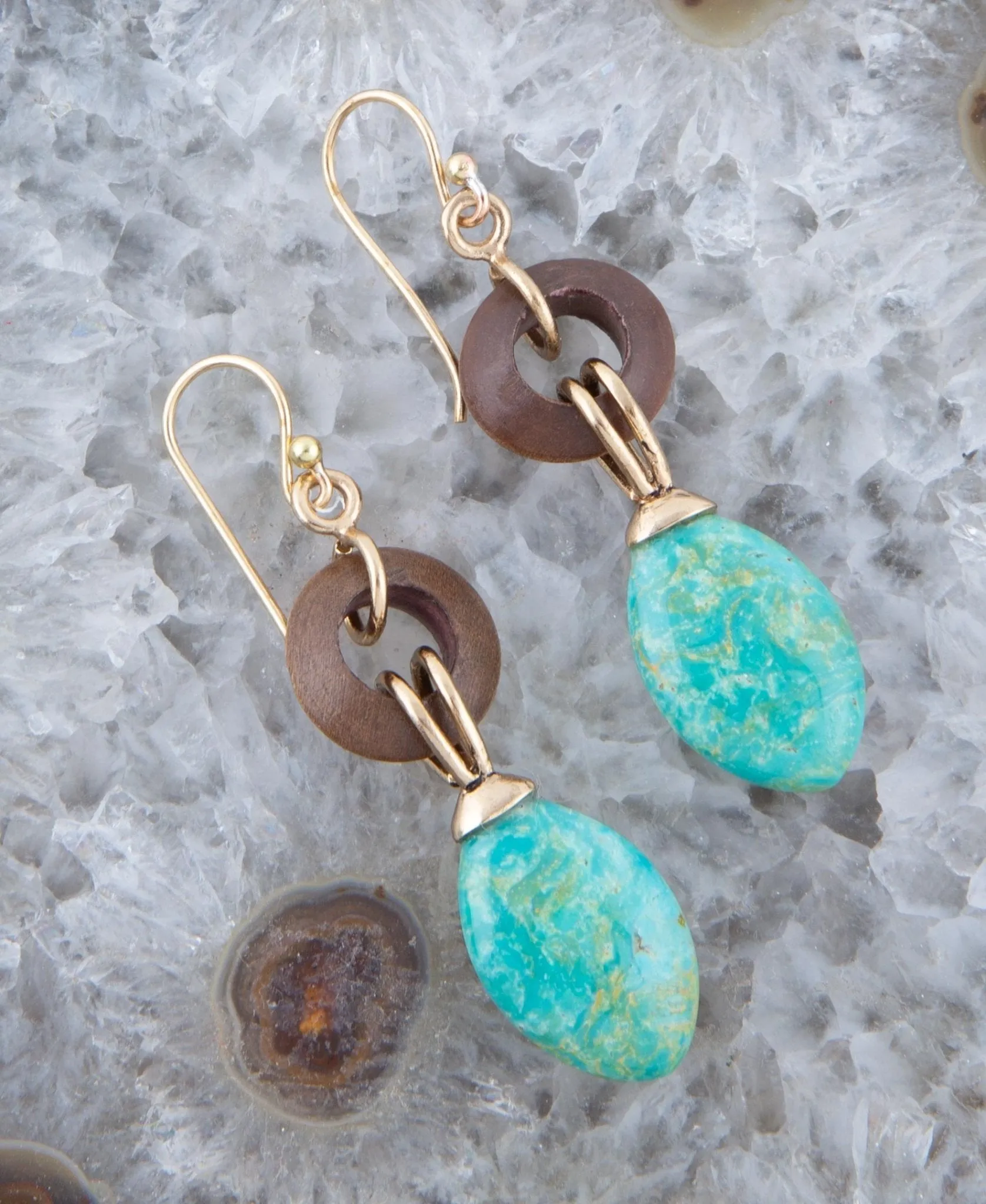 Precious Green Turquoise and Wood Golden Bronze Drop Earrings sold by Zulily product image thumbnail 2