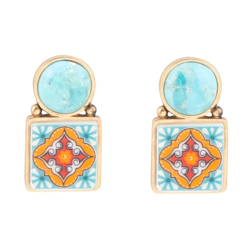 Talavera Tile Blue Turquoise Golden Drop Earrings made by Zulily