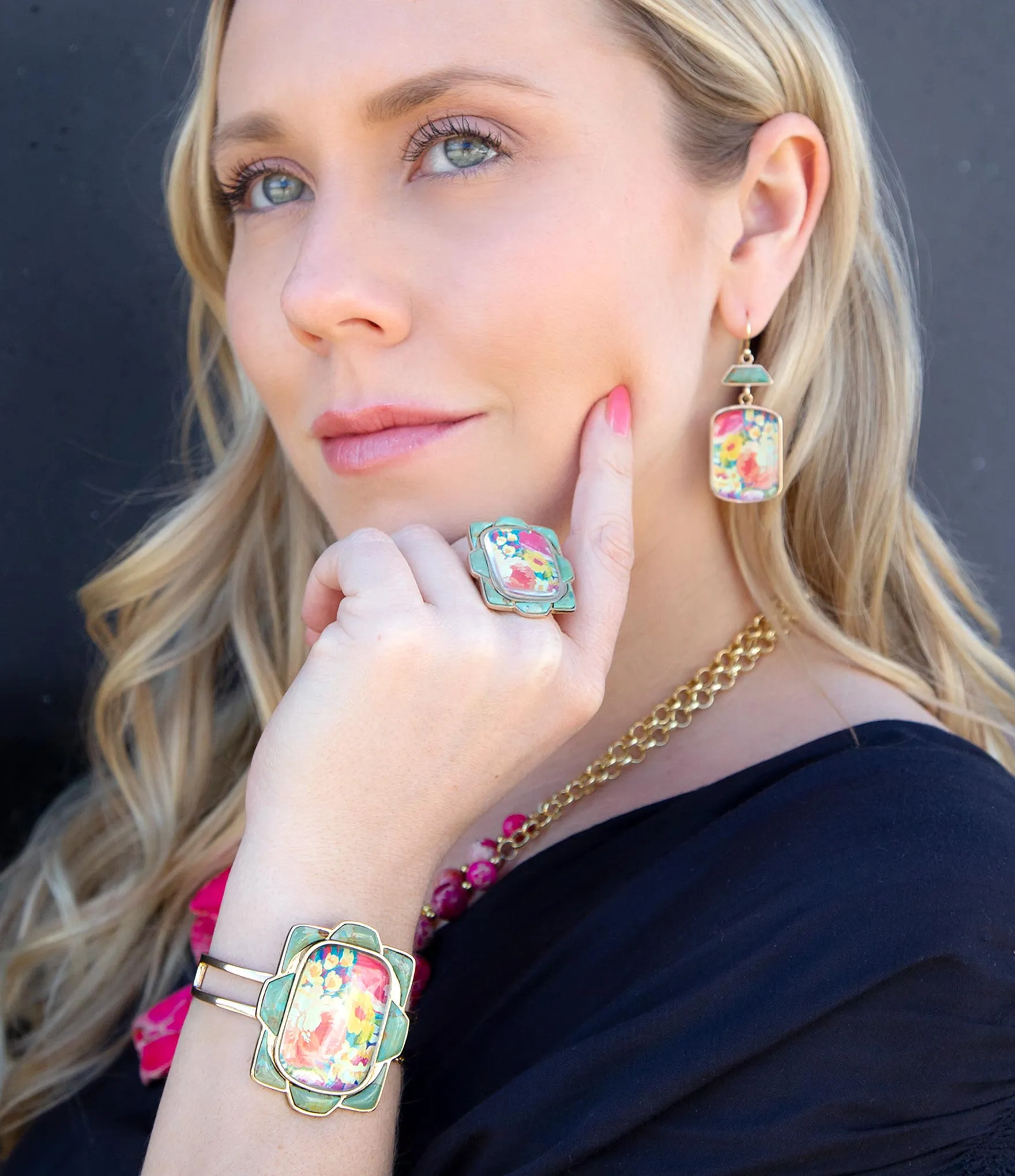 Scenic Floral Blue Turquoise and Golden Cuff Bracelet sold by Zulily product image thumbnail 2