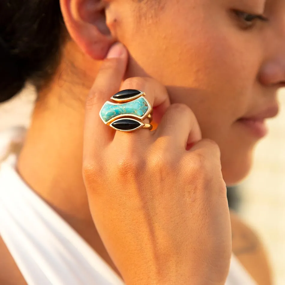 Puzzle Blue Turquoise and Black Onyx Golden Ring Set sold by Zulily product image thumbnail 2