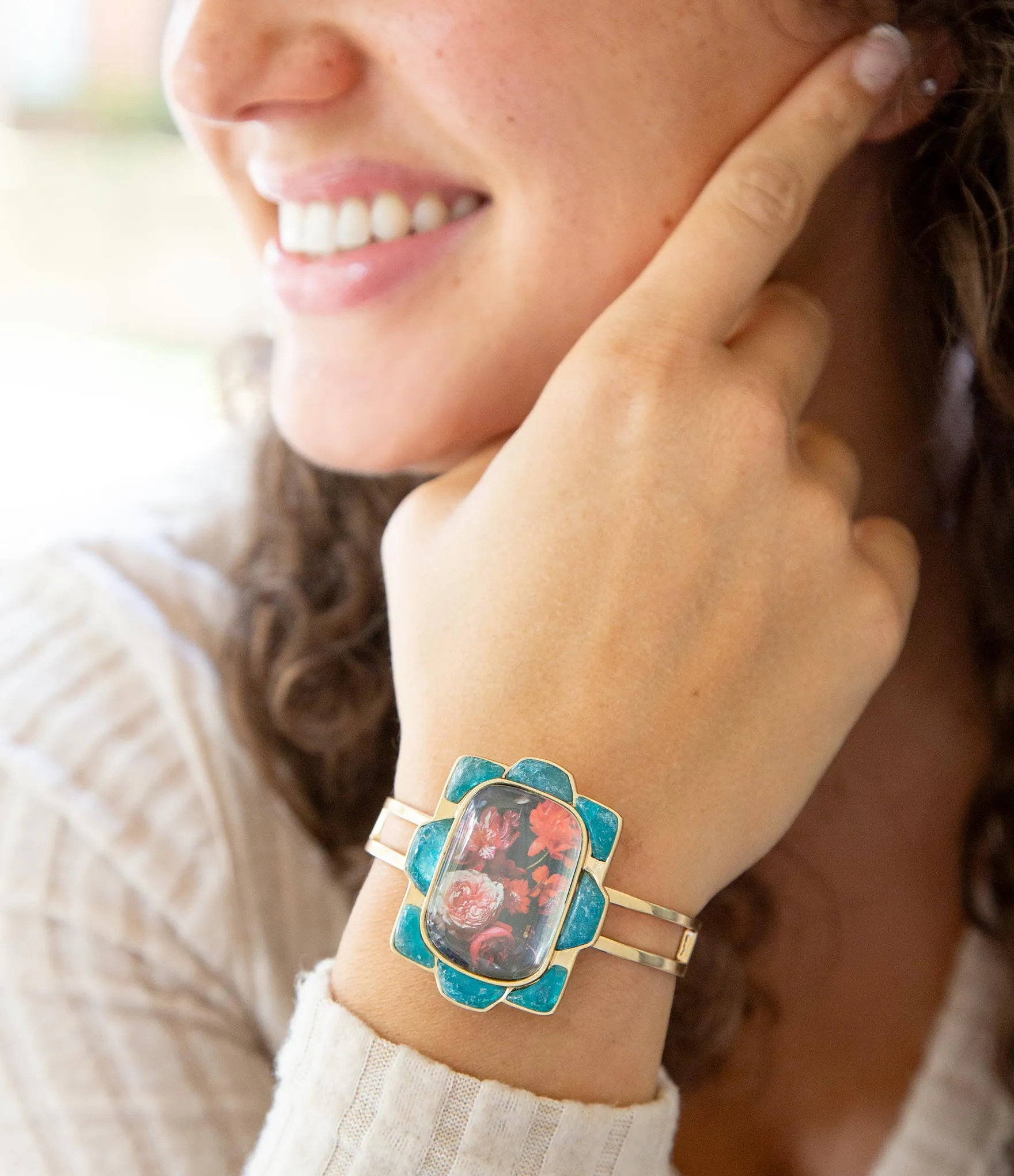 Scenic Red Floral Blue Apatite Golden Cuff Bracelet sold by Zulily product image thumbnail 2