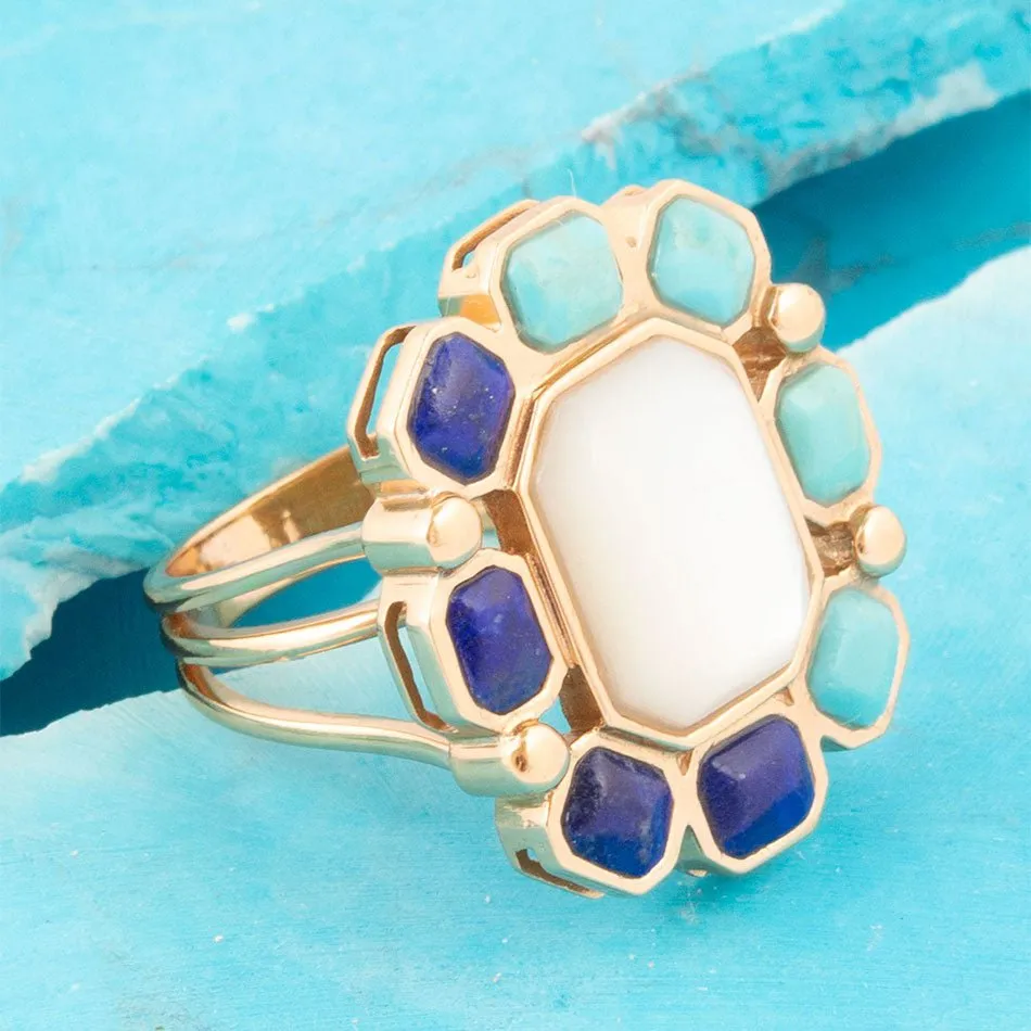 Dual Color Blue Lapis Turquoise and White Mother of Pearl Golden Ring sold by Zulily product image thumbnail 2
